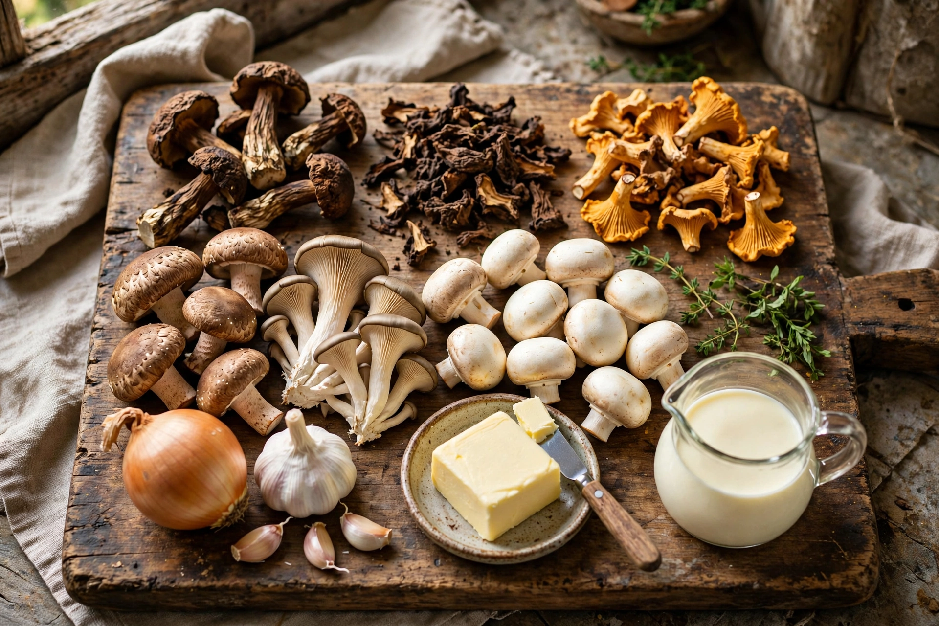 Pilz Suppe Rezept – frische Champignons, Pfifferlinge und getrocknete Steinpilze als Zutaten