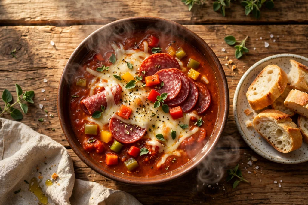 Pizza Suppe Rezept – herzhafte Suppe mit Salami, Mozzarella und Tomaten in einer Schüssel