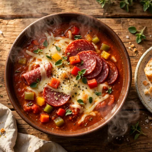 Pizza Suppe Rezept – herzhafte Suppe mit Salami, Mozzarella und Tomaten in einer Schüssel