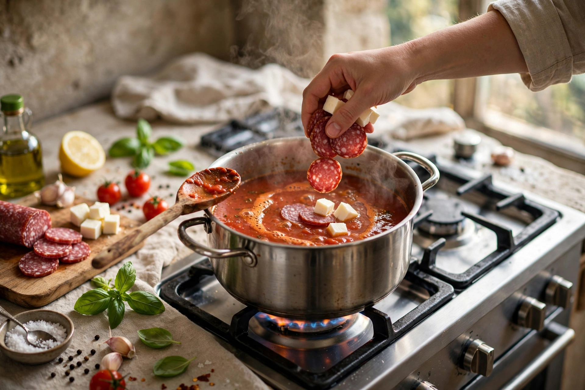 Pizza Suppe Rezept – Zubereitung im Topf: Tomatensuppe mit Salami und Mozzarella