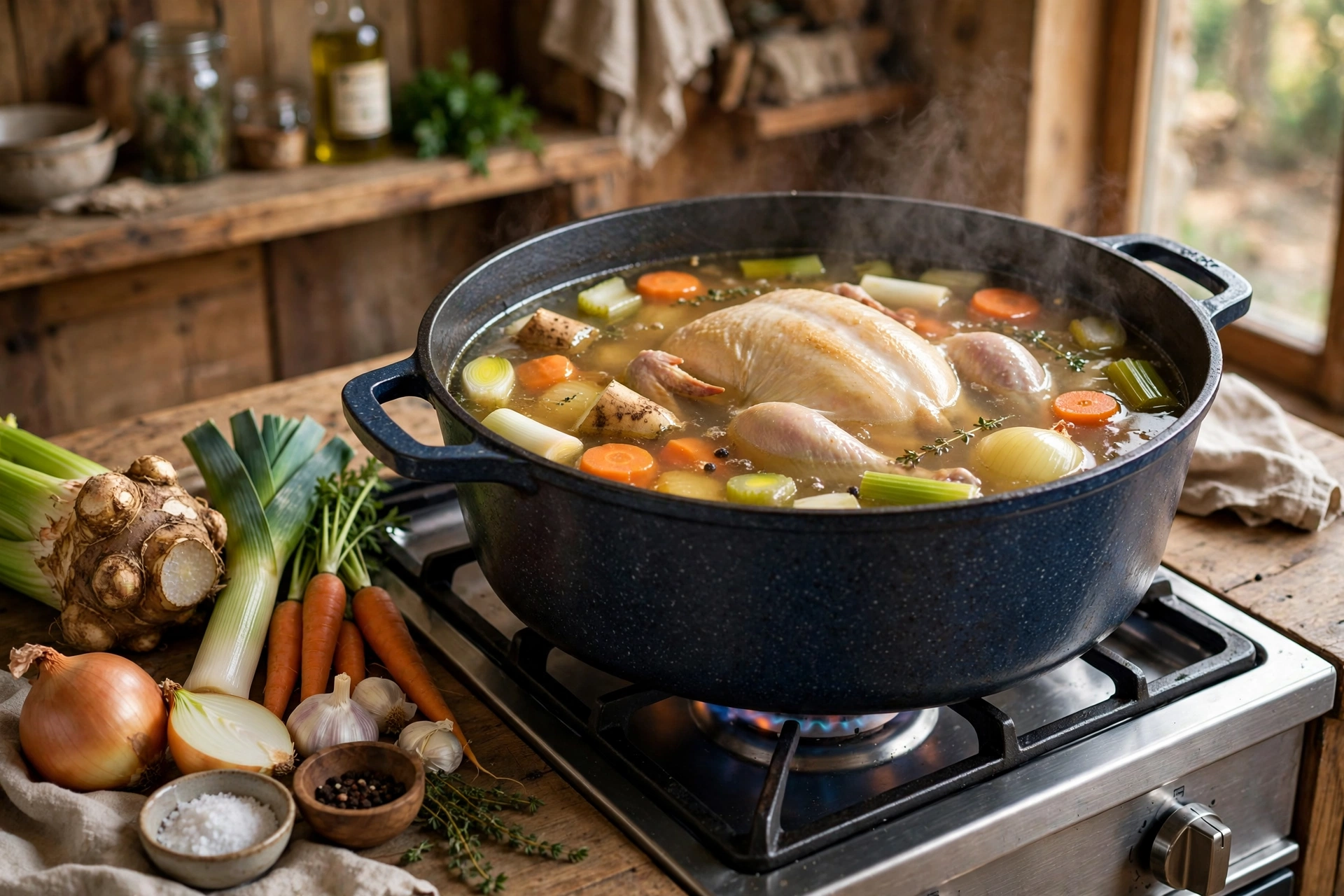 Polnische Suppe Rosół Rezept – Suppenhuhn mit Karotten, Sellerie und Porree im Topf