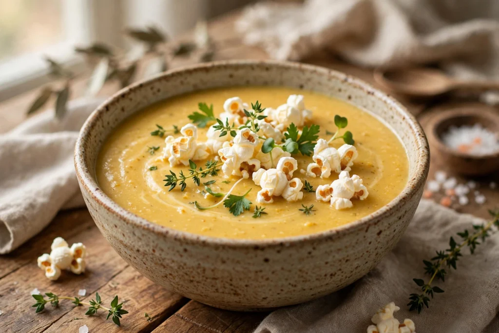 Popcorn Suppe Rezept – cremige goldgelbe Popcornsuppe mit knusprigem Popcorn-Topping in einer Schale