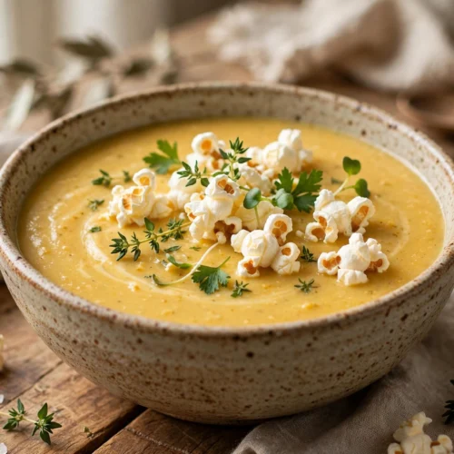 Popcorn Suppe Rezept – cremige goldgelbe Popcornsuppe mit knusprigem Popcorn-Topping in einer Schale