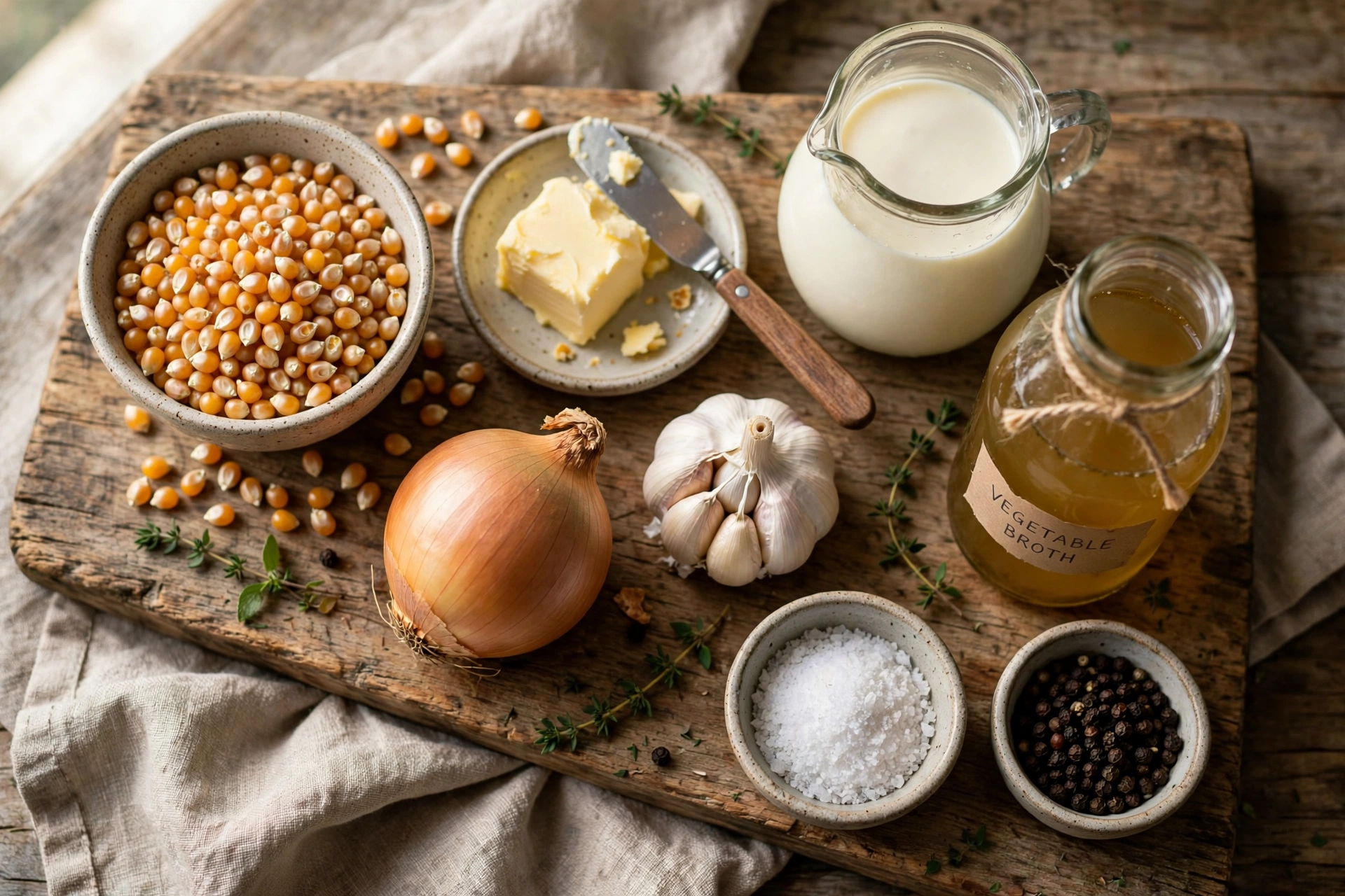 Popcorn Suppe Rezept – Popcornmais, Butter, Zwiebel, Knoblauch, Sahne und Gemüsebrühe als Zutaten auf einem Holzbrett