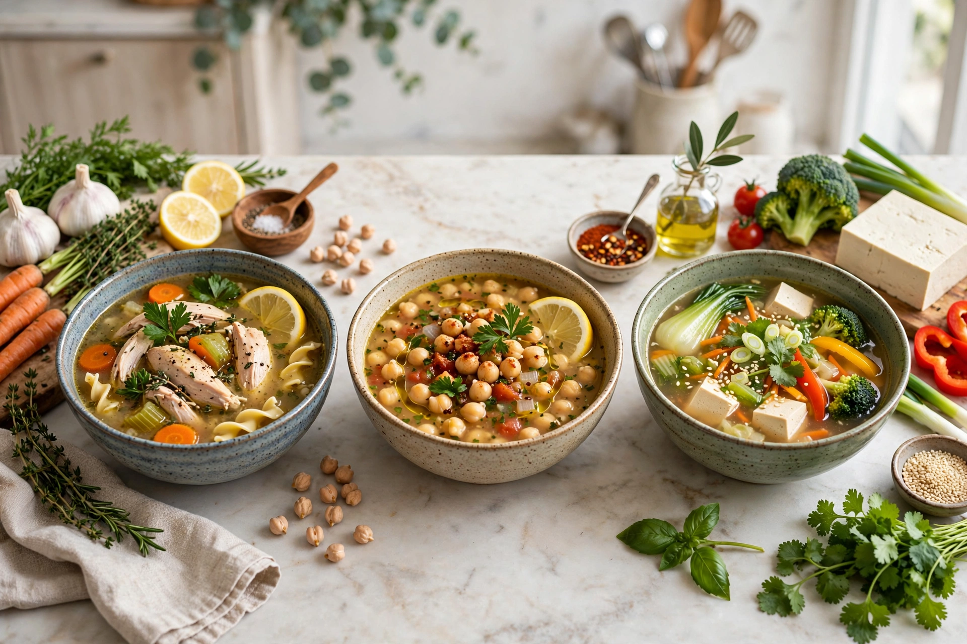 Protein Suppe Rezept – drei eiweißreiche Suppen in Schüsseln