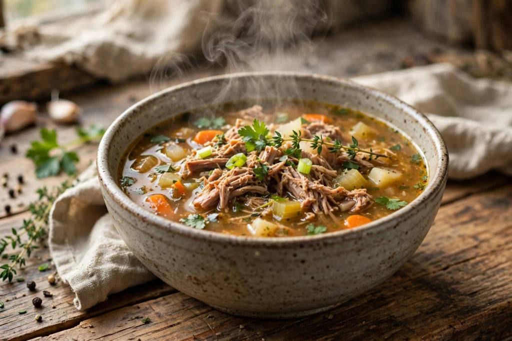 Pulled Pork Suppe Rezept – herzhafte Suppe mit gezupftem Schweinefleisch, Gemüse und Petersilie in einer Schale