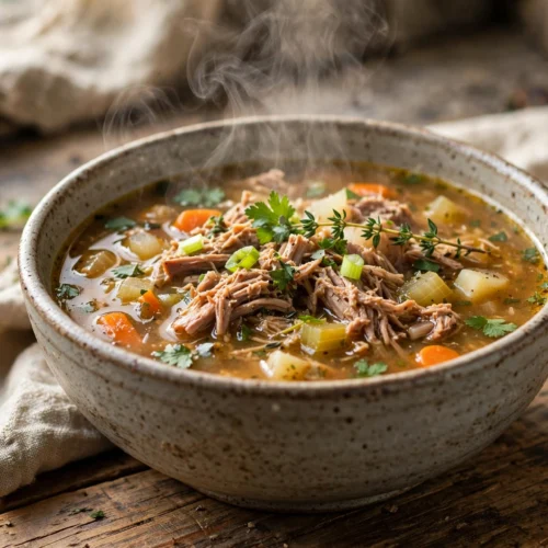 Pulled Pork Suppe Rezept – herzhafte Suppe mit gezupftem Schweinefleisch, Gemüse und Petersilie in einer Schale
