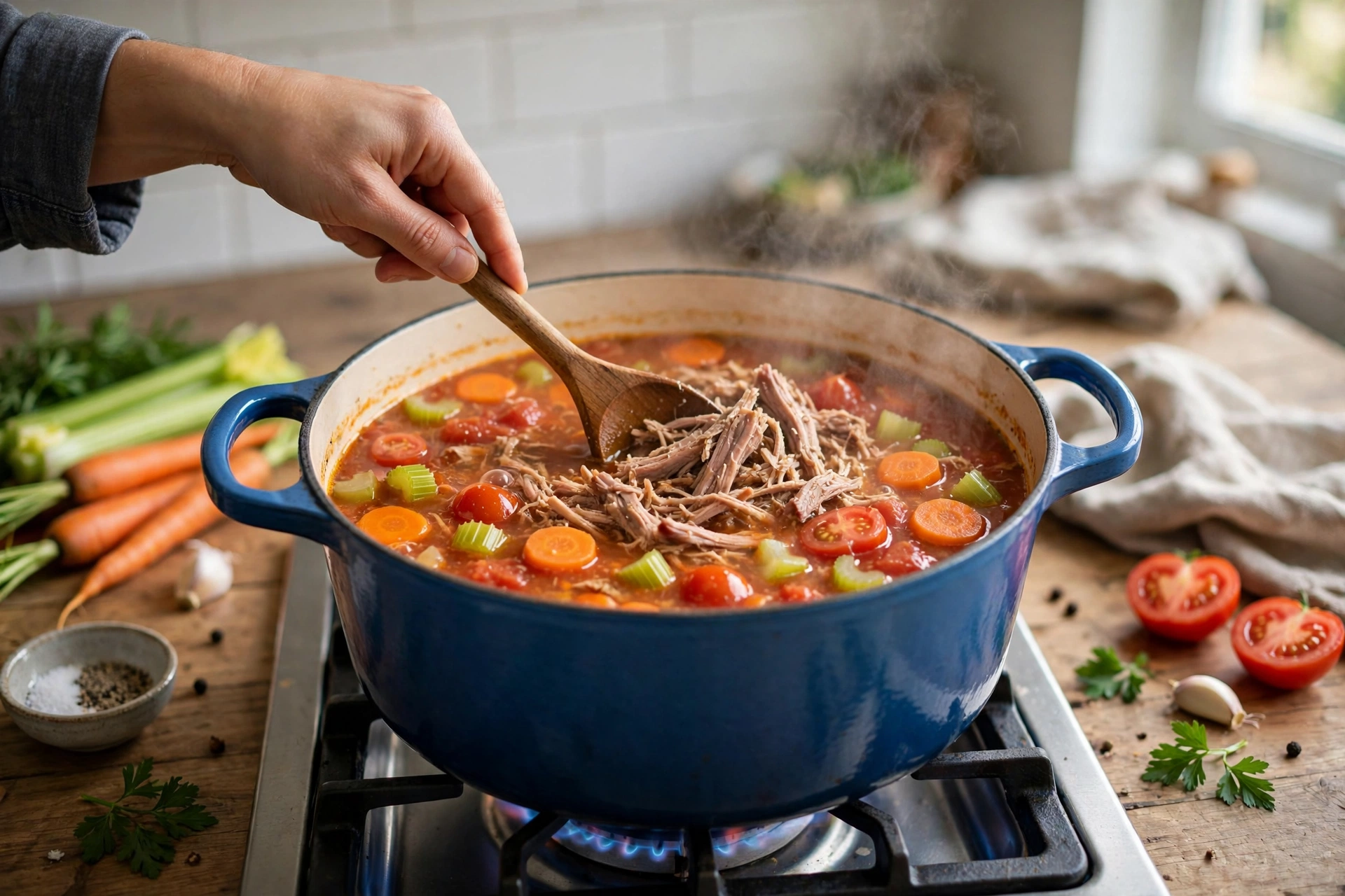 Pulled Pork Suppe Rezept – gezupftes Schweinefleisch wird in den dampfenden Suppentopf gerührt