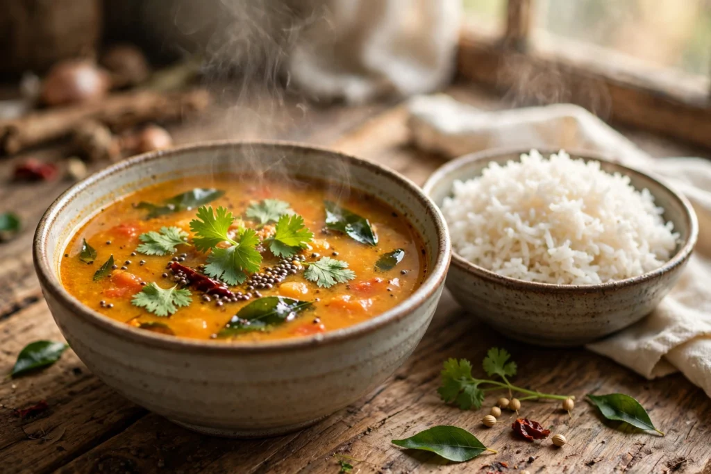 Rasam Suppe Rezept – dampfende südindische Tomatensuppe in einer Schale mit Koriandergrün, Curryblättern und Reis als Beilage