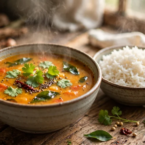 Rasam Suppe Rezept – dampfende südindische Tomatensuppe in einer Schale mit Koriandergrün, Curryblättern und Reis als Beilage
