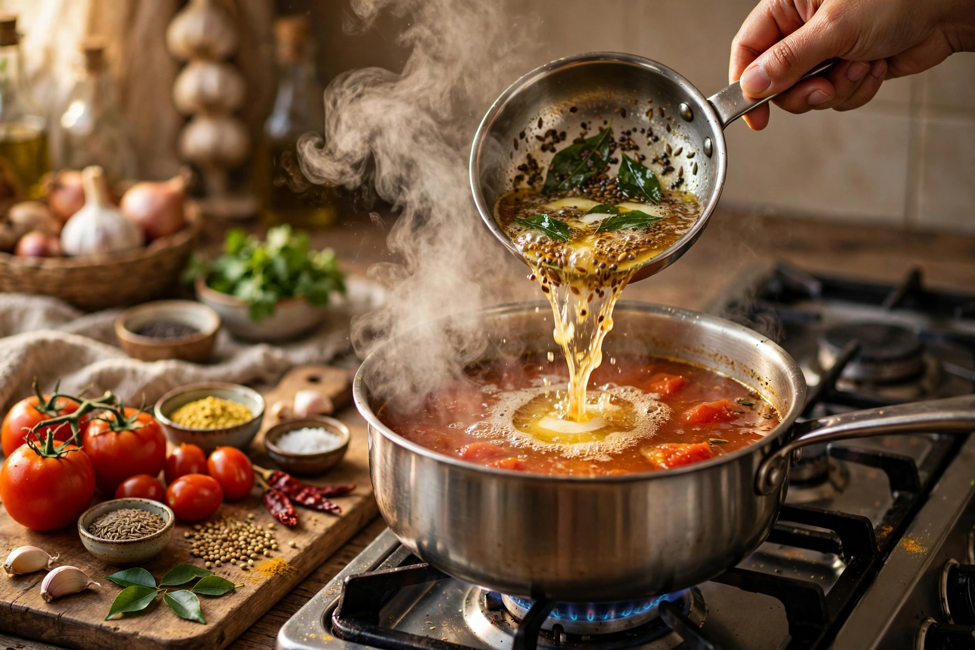 Rasam Suppe Rezept – aromatisches Tempern mit Senfsamen, Kreuzkümmel und Curryblättern wird in die simmernde Tomatensuppe gegeben