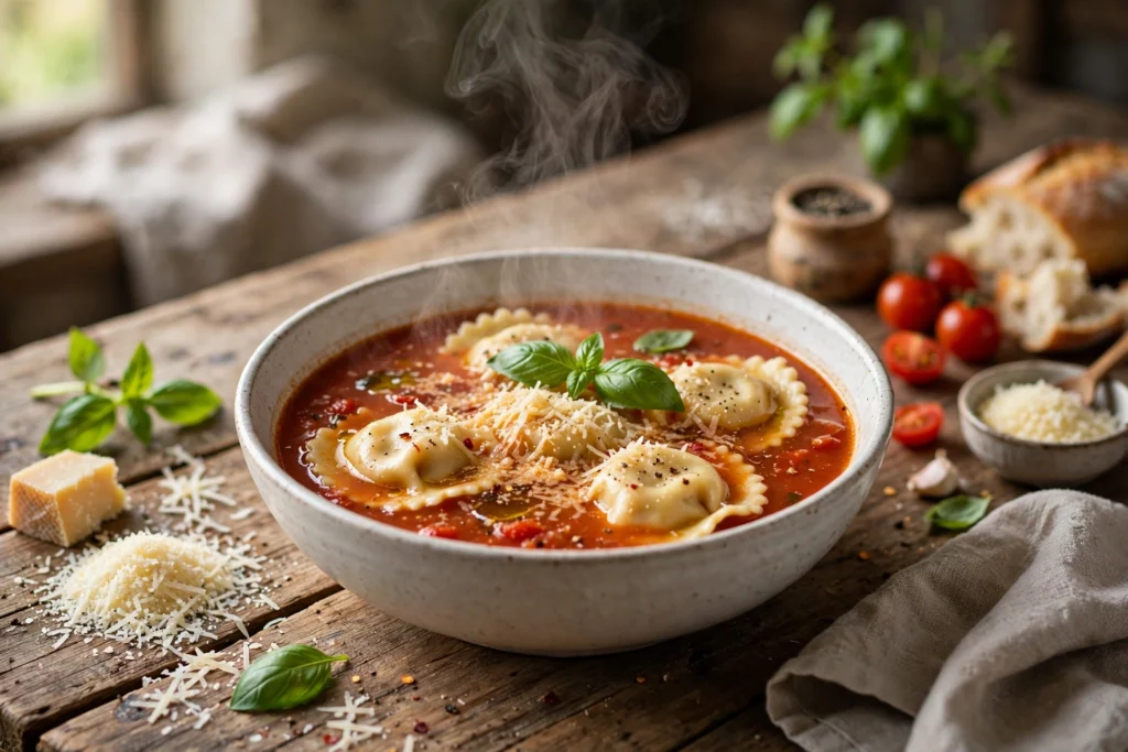 ravioli suppe rezept – dampfende Ravioli-Suppe mit Tomaten, Basilikum und Parmesan