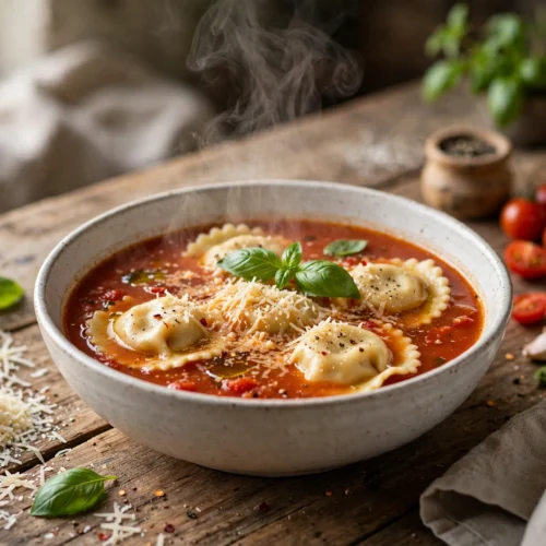 ravioli suppe rezept – dampfende Ravioli-Suppe mit Tomaten, Basilikum und Parmesan