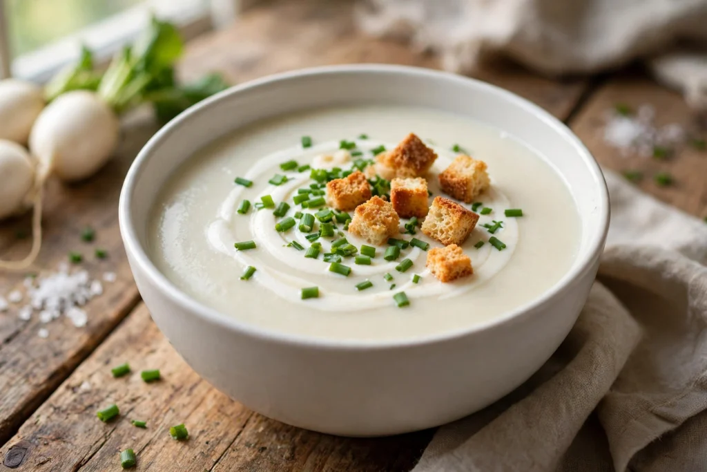 Rettich Suppe Rezept – cremige weiße Rettichsuppe in einer Schale mit Sahneswirl, Schnittlauch und Croûtons