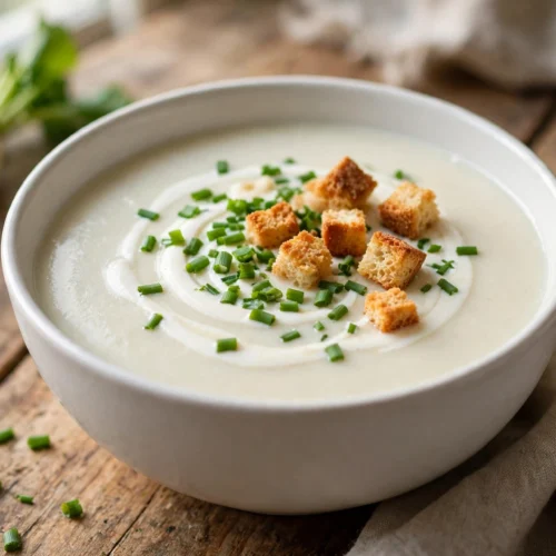 Rettich Suppe Rezept – cremige weiße Rettichsuppe in einer Schale mit Sahneswirl, Schnittlauch und Croûtons