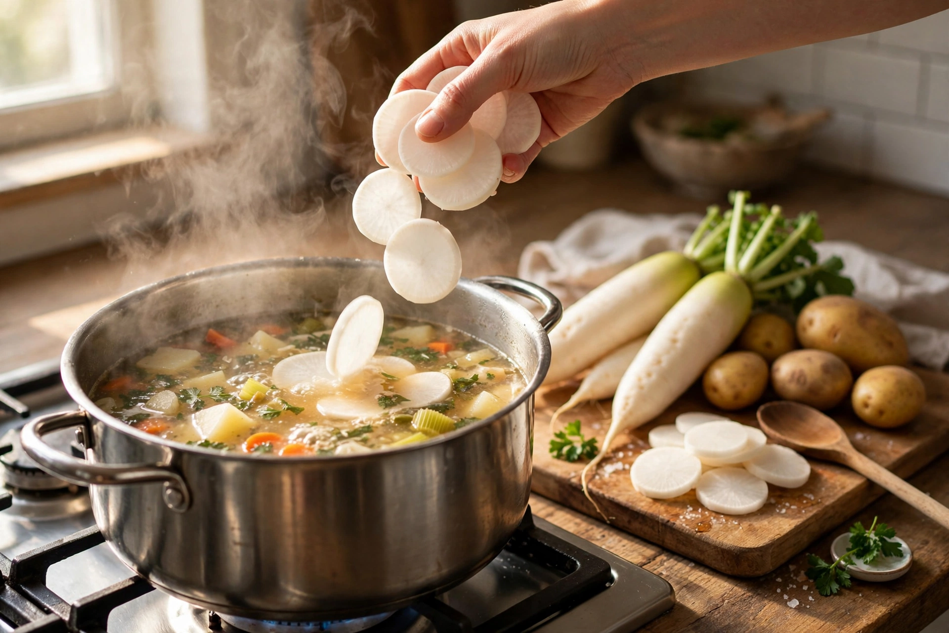 Rettich Suppe Rezept – geschnittener weißer Rettich wird in den dampfenden Suppentopf gegeben