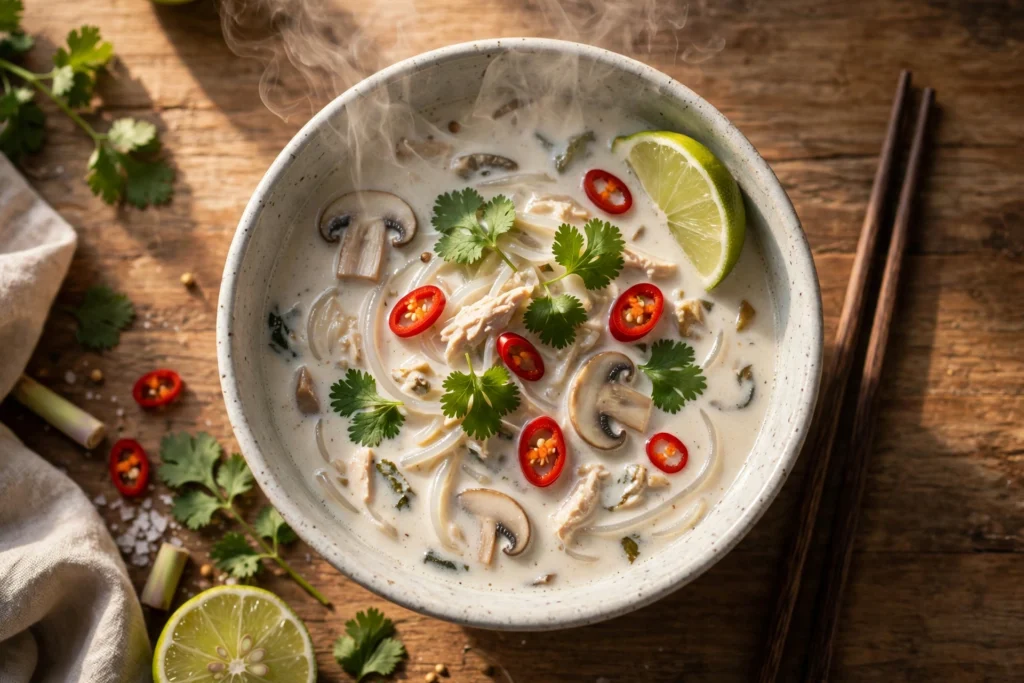 Rezept asiatische Suppe mit Kokosmilch – cremige Kokossuppe mit Koriander, Chili und Limette