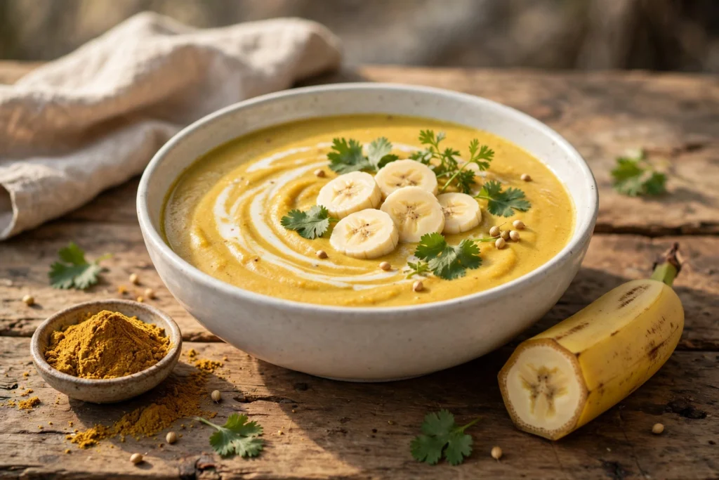 Rezept Bananen Curry Suppe – cremige goldgelbe Suppe in weißer Schale mit Bananenscheiben, Koriander und Kokoscreme