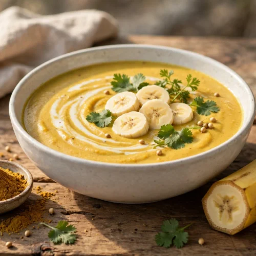 Rezept Bananen Curry Suppe – cremige goldgelbe Suppe in weißer Schale mit Bananenscheiben, Koriander und Kokoscreme