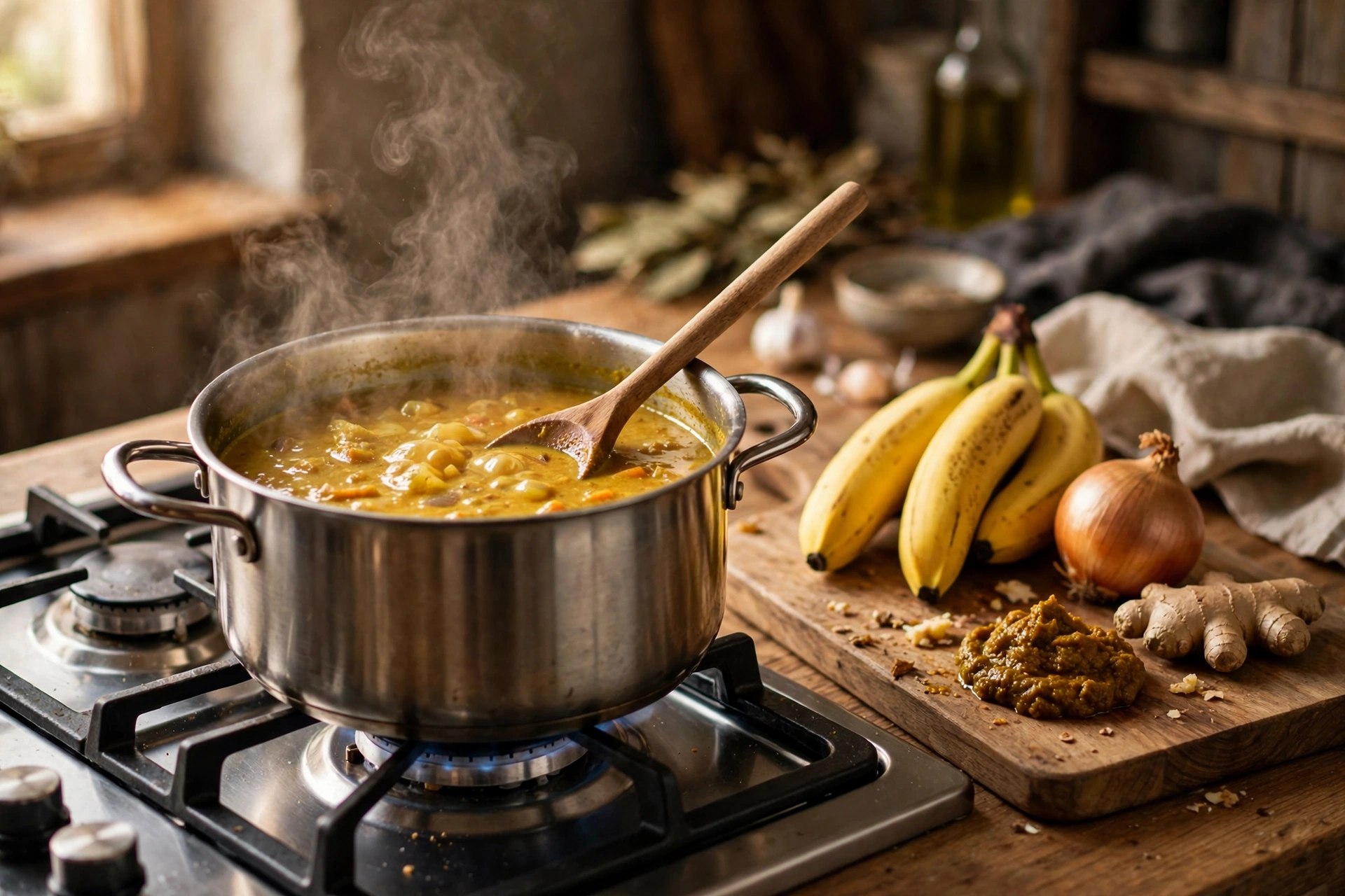 Rezept Bananen Curry Suppe – goldgelbe Currysuppe wird im Topf gerührt, daneben Bananen und Currypaste
