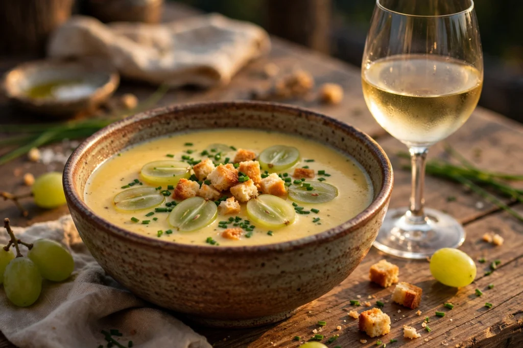 Riesling Suppe Rezept – cremige Schaumsuppe mit Trauben, Schnittlauch und Croûtons in tiefer Schale