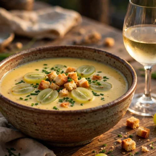 Riesling Suppe Rezept – cremige Schaumsuppe mit Trauben, Schnittlauch und Croûtons in tiefer Schale