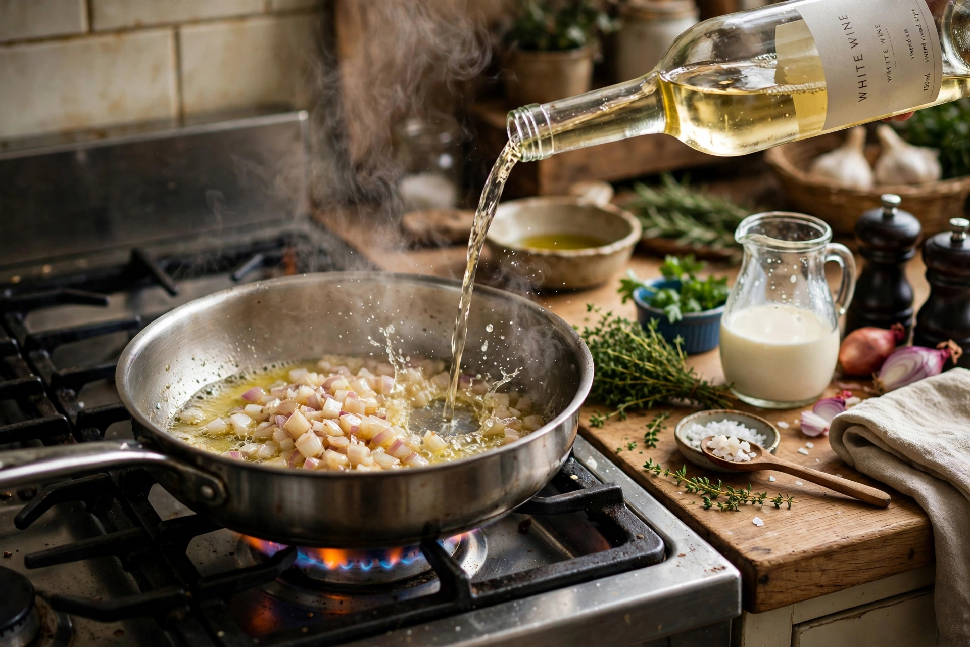 Riesling Suppe Rezept – Zubereitung im Topf: Schalotten in Butter andünsten und Riesling angießen