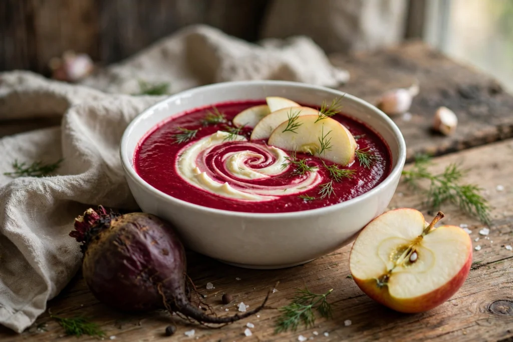 Rote Bete Suppe Rezept – cremig geröstete Rote-Bete-Suppe mit Apfel und Meerrettichcreme in weißer Schale