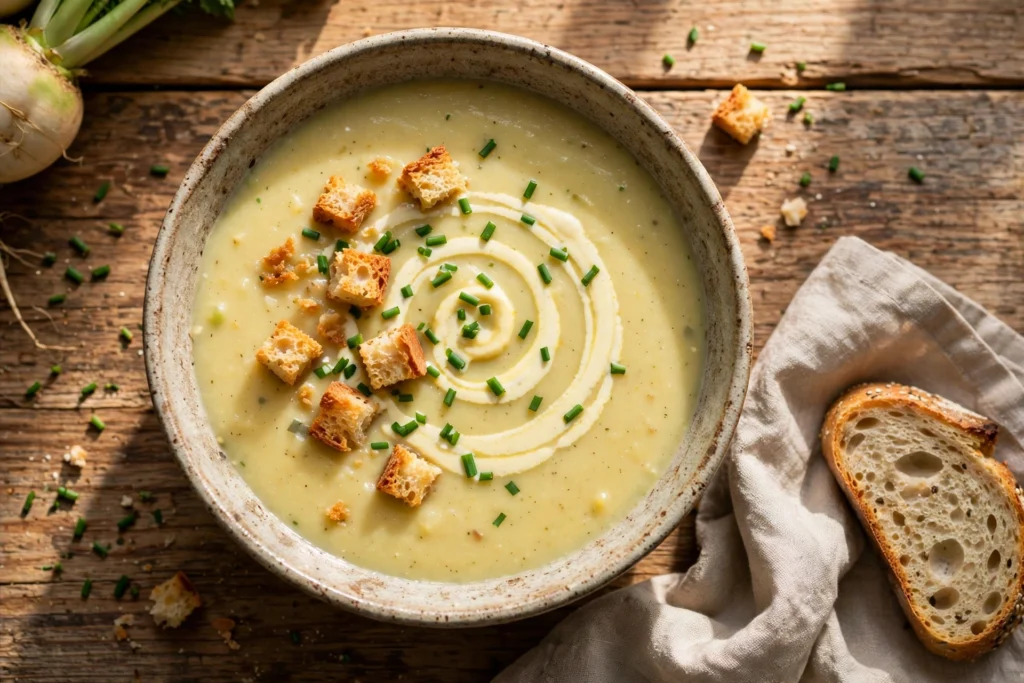 Rübchen Suppe Rezept – cremige Rübchensuppe mit Sahnehäubchen, Schnittlauch und Croûtons in rustikaler Schale