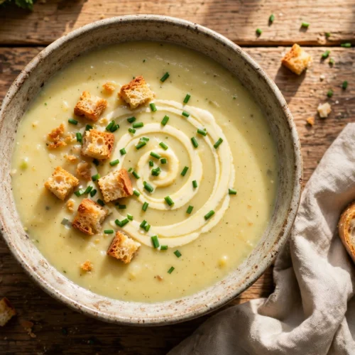 Rübchen Suppe Rezept – cremige Rübchensuppe mit Sahnehäubchen, Schnittlauch und Croûtons in rustikaler Schale
