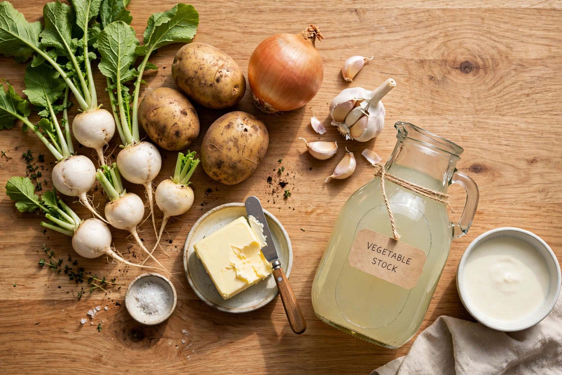 Rübchen Suppe Rezept – Zutaten im Überblick: frische Rübchen, Kartoffeln, Zwiebel, Knoblauch, Butter, Gemüsebrühe und Sahne