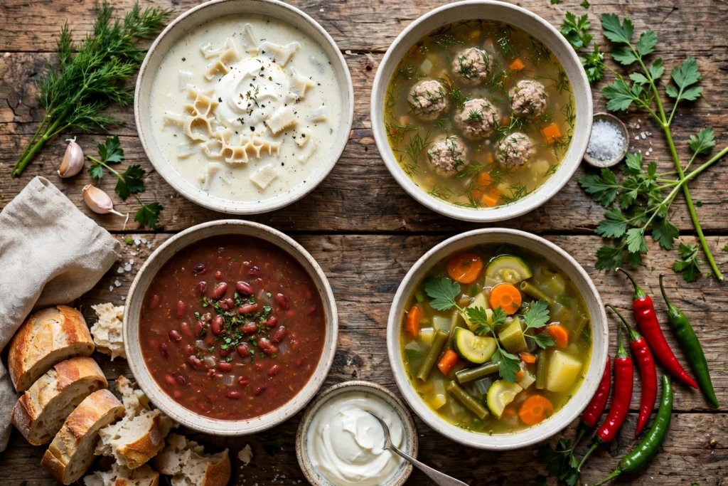 Rumänische Suppe Rezept – Verschiedene rumänische Suppen mit Sauerrahm, Brot und Kräutern