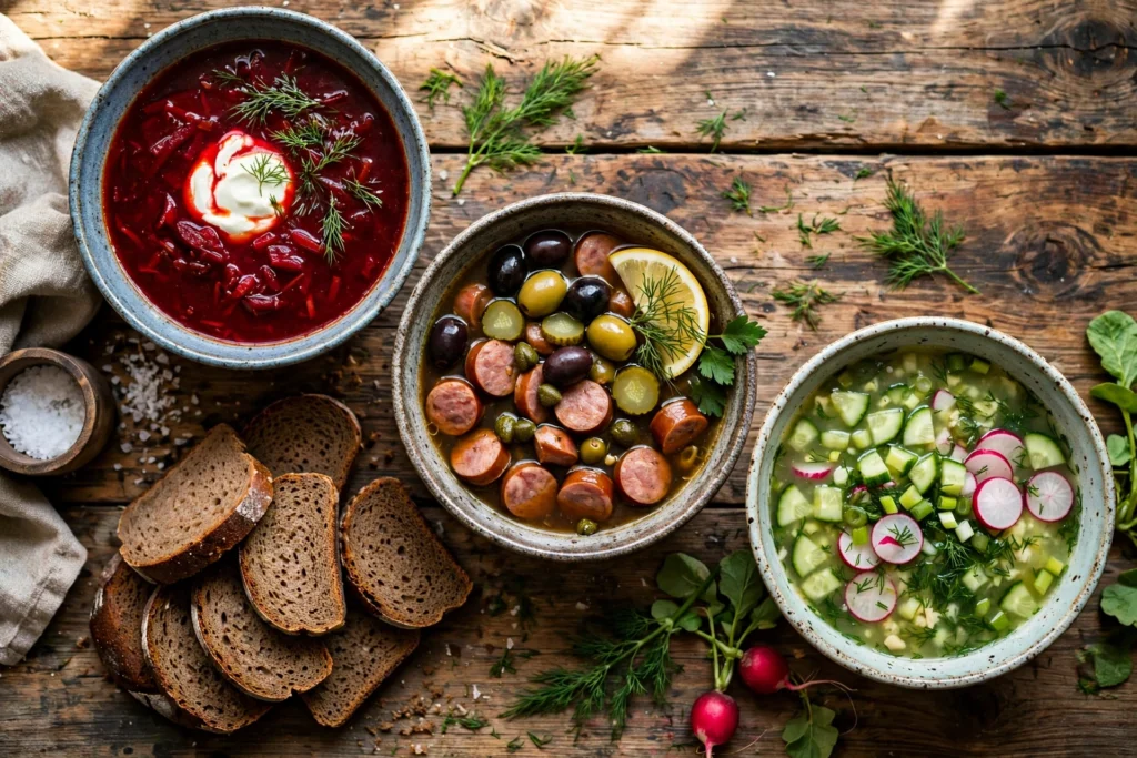Russische Suppe Rezept – russische Suppen auf dem Tisch: Borschtsch, Soljanka und Okroschka mit Dill und Roggenbrot