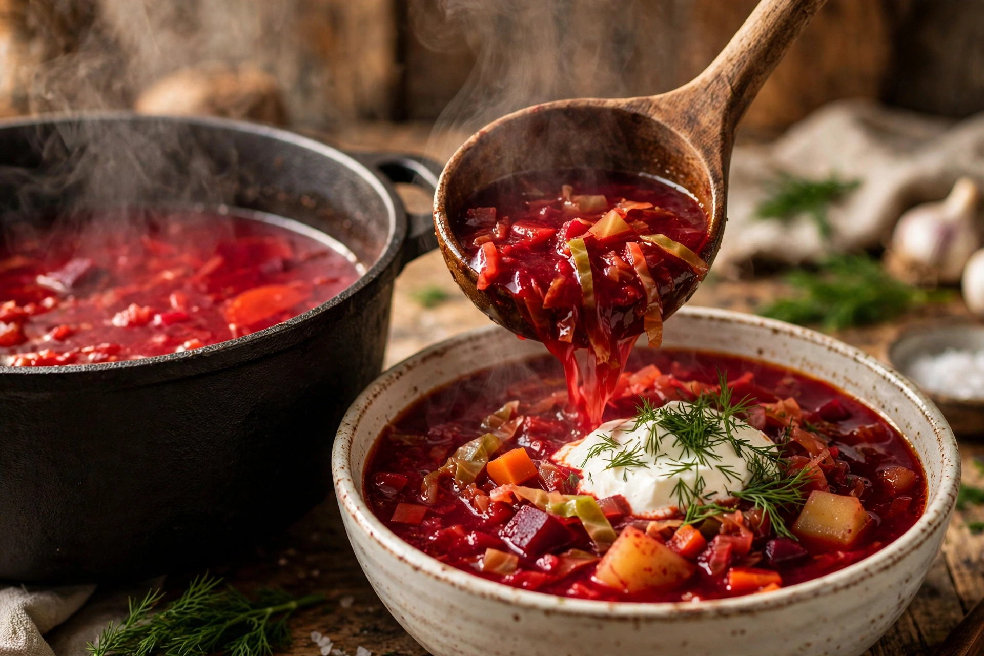 Russische Suppe Rezept – dampfender Borschtsch mit Rote Bete, Kohl und Schmand im Topf