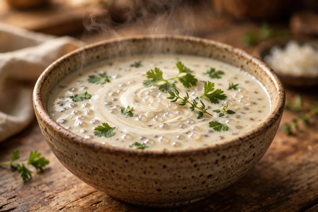 Sago Suppe Rezept – cremige Sago-Suppe mit Sago-Perlen, Sahnehäubchen und Petersilie in rustikaler Schale