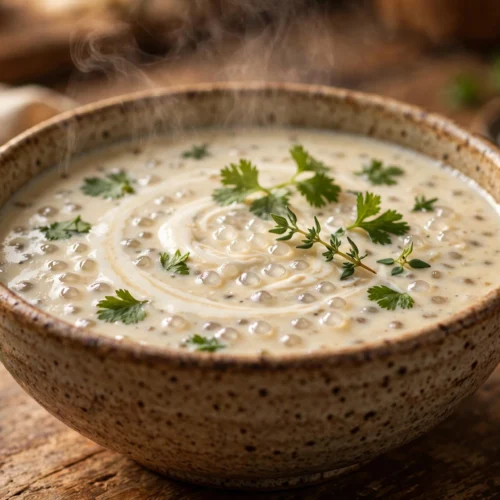 Sago Suppe Rezept – cremige Sago-Suppe mit Sago-Perlen, Sahnehäubchen und Petersilie in rustikaler Schale
