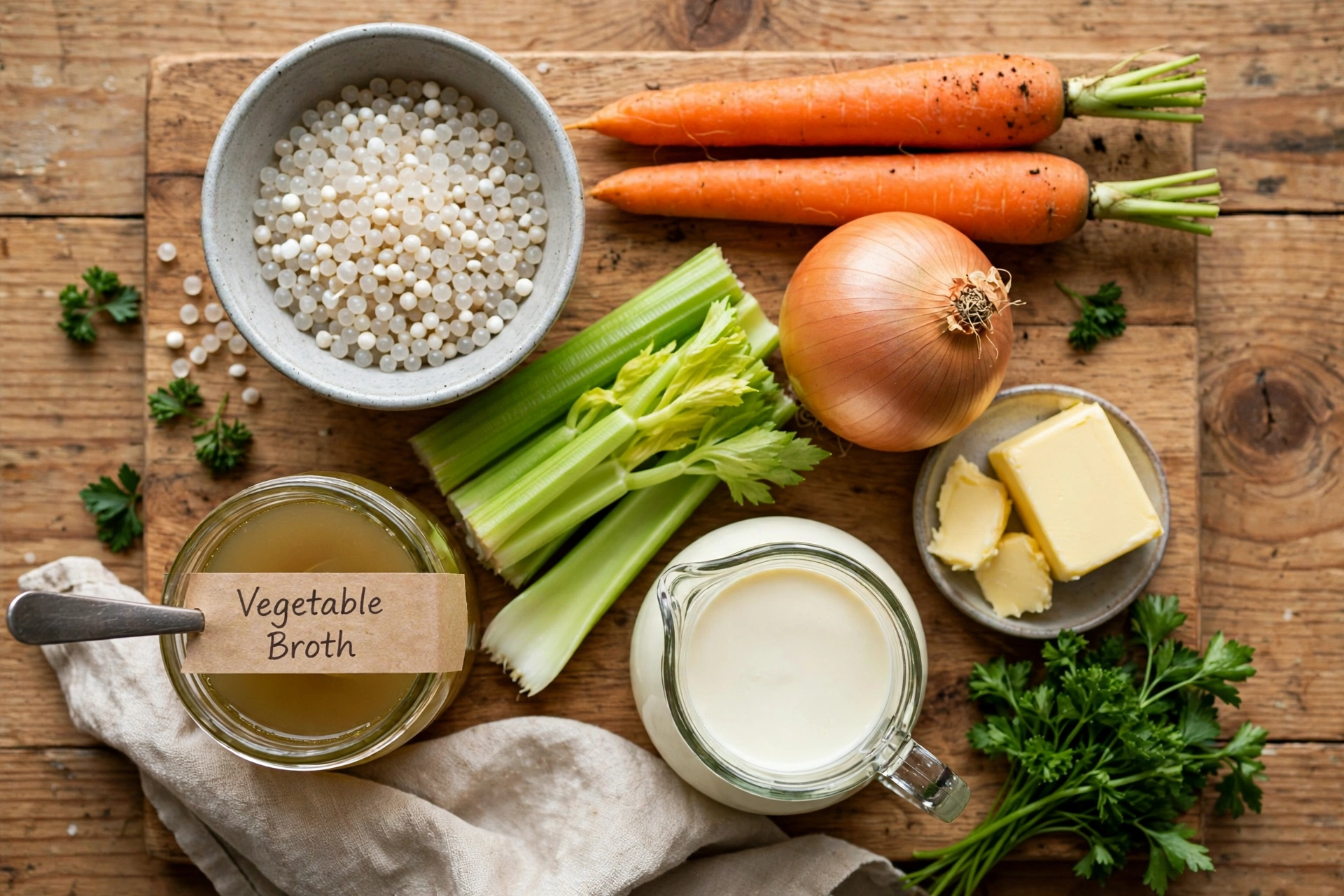 Sago Suppe Rezept – Zutaten im Überblick: Sagoperlen, Karotten, Kartoffeln, Sellerie, Gemüsebrühe und Sahne auf einem Holzbrett