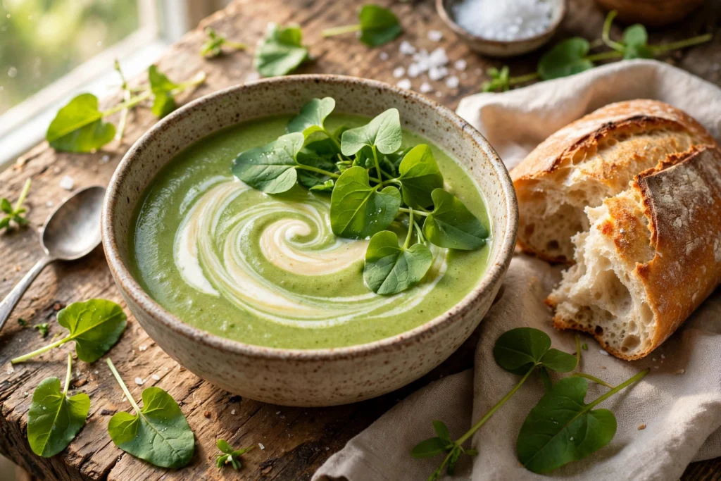 Sauerampfer Suppe Rezept – cremige grüne Suppe in weißer Schale mit Sahneswirl, frischem Sauerampfer und knusprigem Brot