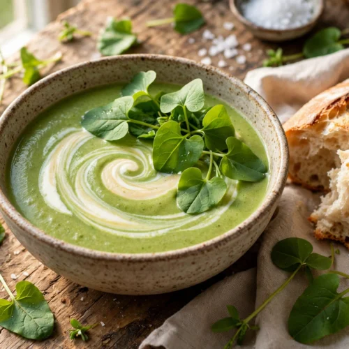 Sauerampfer Suppe Rezept – cremige grüne Suppe in weißer Schale mit Sahneswirl, frischem Sauerampfer und knusprigem Brot