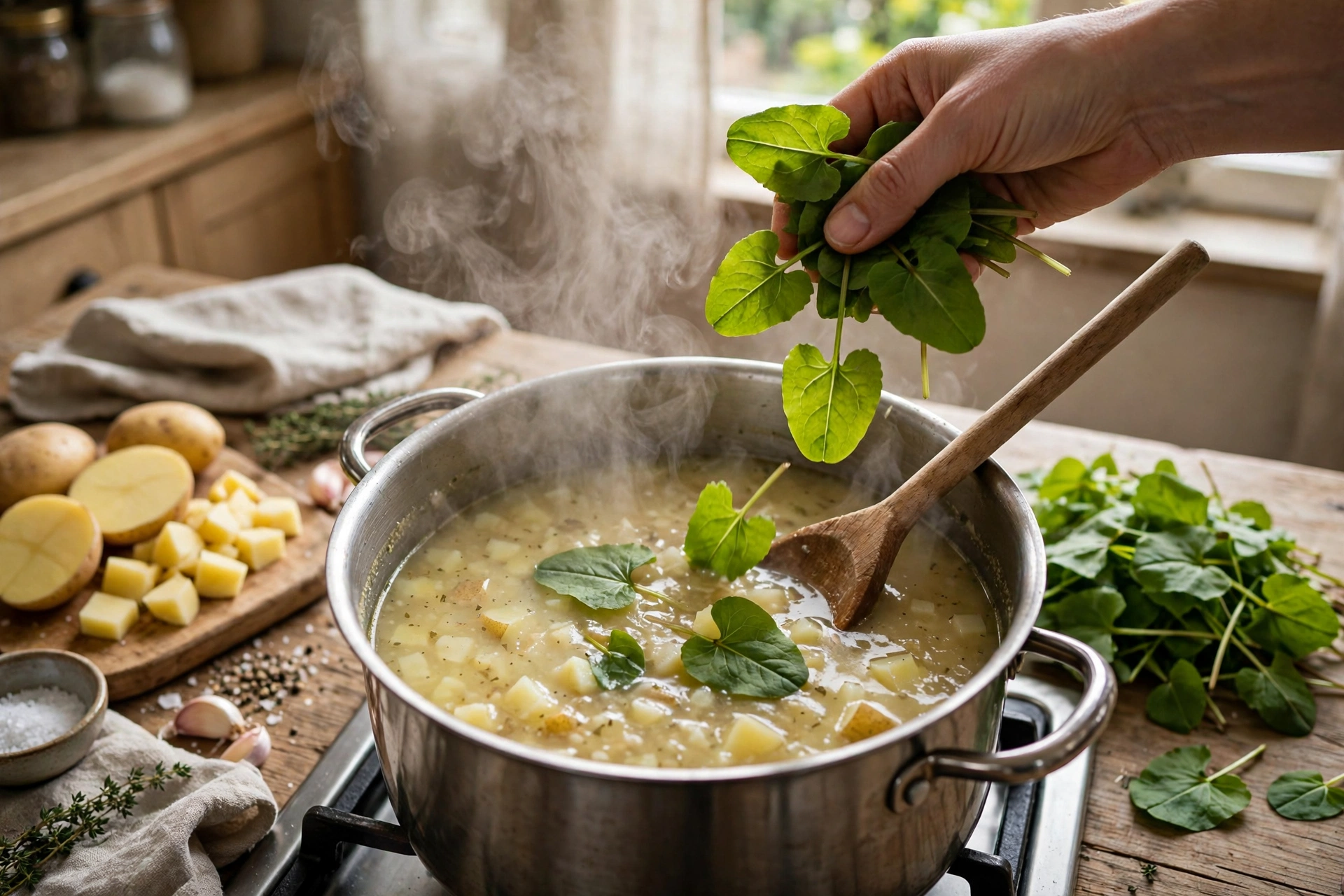 Sauerampfer Suppe Rezept – frischer Sauerampfer wird in den dampfenden Kartoffeltopf gegeben