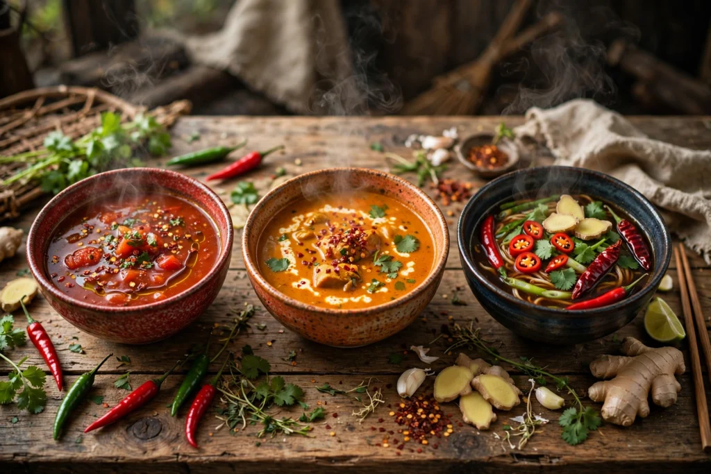 Scharfe Suppe Rezept – verschiedene scharfe Suppen in Schüsseln mit Chili, Ingwer und frischen Kräutern