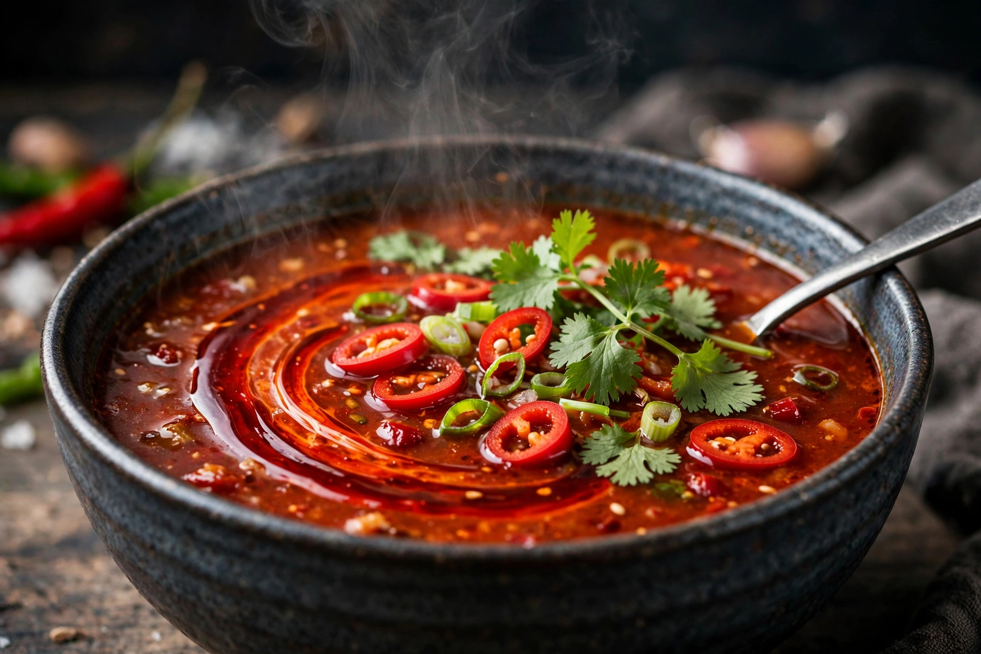Scharfe Suppe Rezept – dampfende rote Chilisuppe mit Chilischoten, Chiliöl und Koriander in einer Schüssel