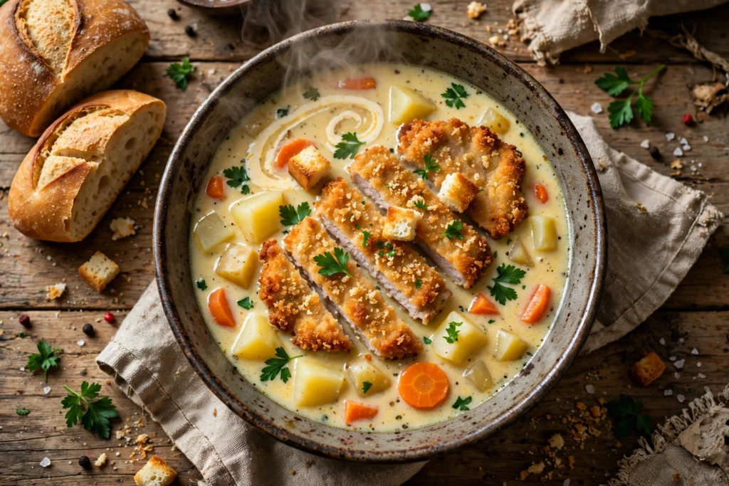 Schnitzel Suppe Rezept – cremige Suppe mit knusprigen Schnitzelstreifen, Kartoffeln und Petersilie in tiefer Schale