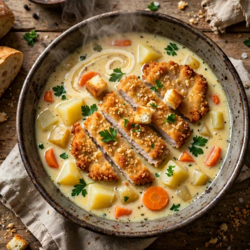 Schnitzel Suppe Rezept – cremige Suppe mit knusprigen Schnitzelstreifen, Kartoffeln und Petersilie in tiefer Schale