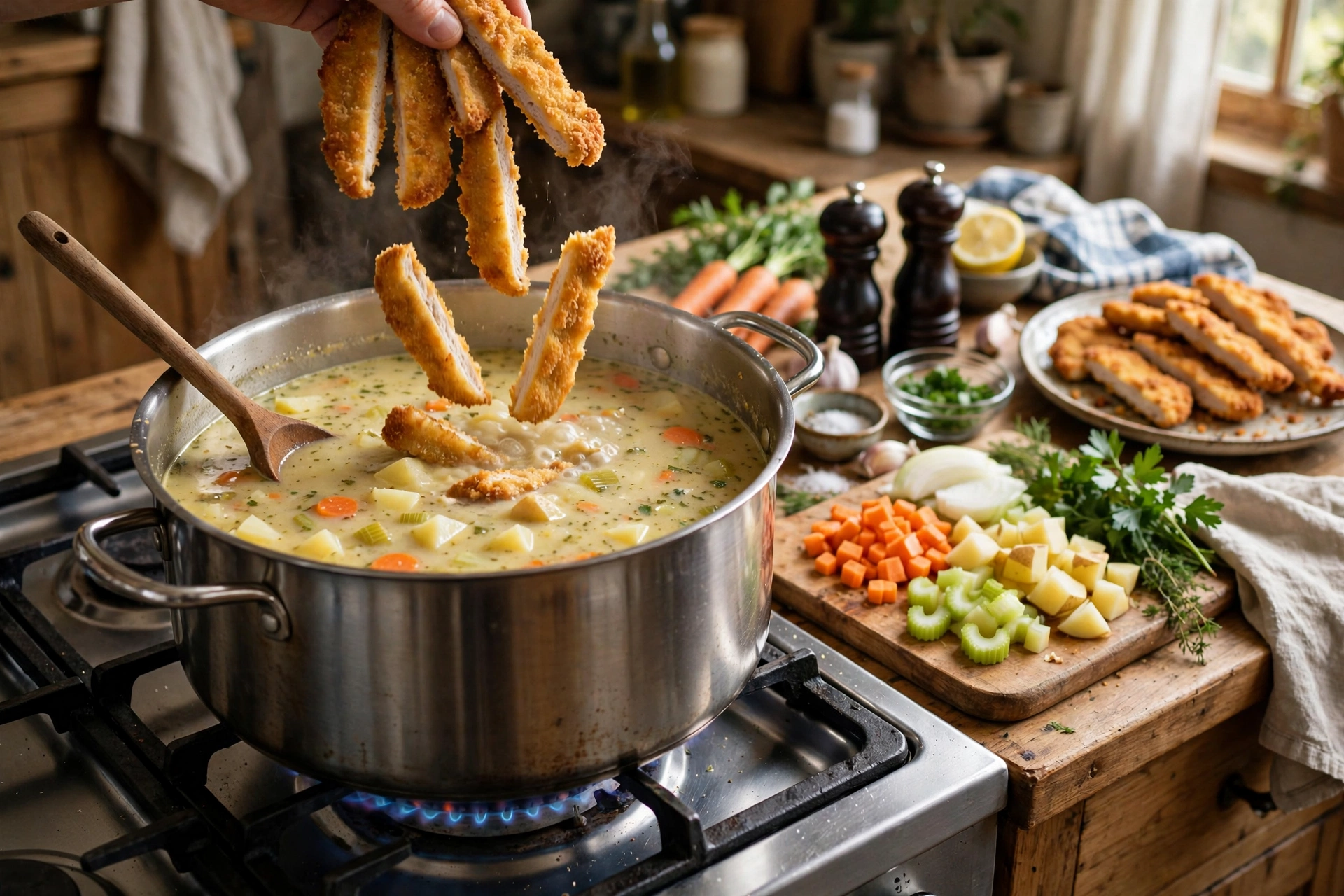 Schnitzel Suppe Rezept – Zubereitung im Topf: Schnitzelstreifen in die cremige Gemüsesuppe geben