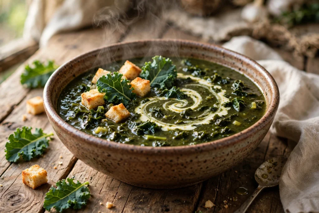 Schwarzkohl Rezept Suppe – cremige dunkelgrüne Suppe in einer Schale mit Sahneswirl, Schwarzkohlblättern und Croûtons