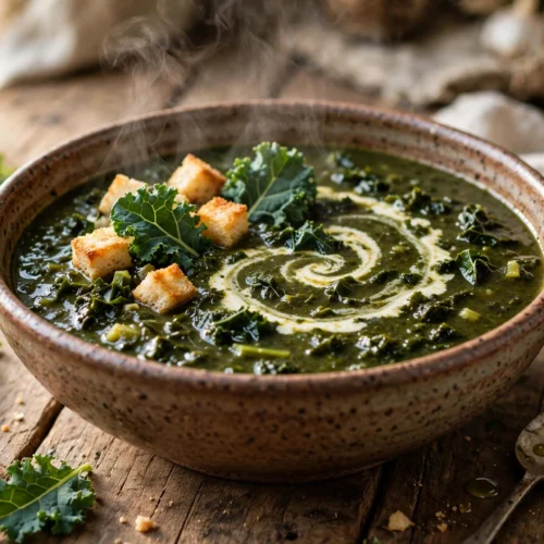 Schwarzkohl Rezept Suppe – cremige dunkelgrüne Suppe in einer Schale mit Sahneswirl, Schwarzkohlblättern und Croûtons
