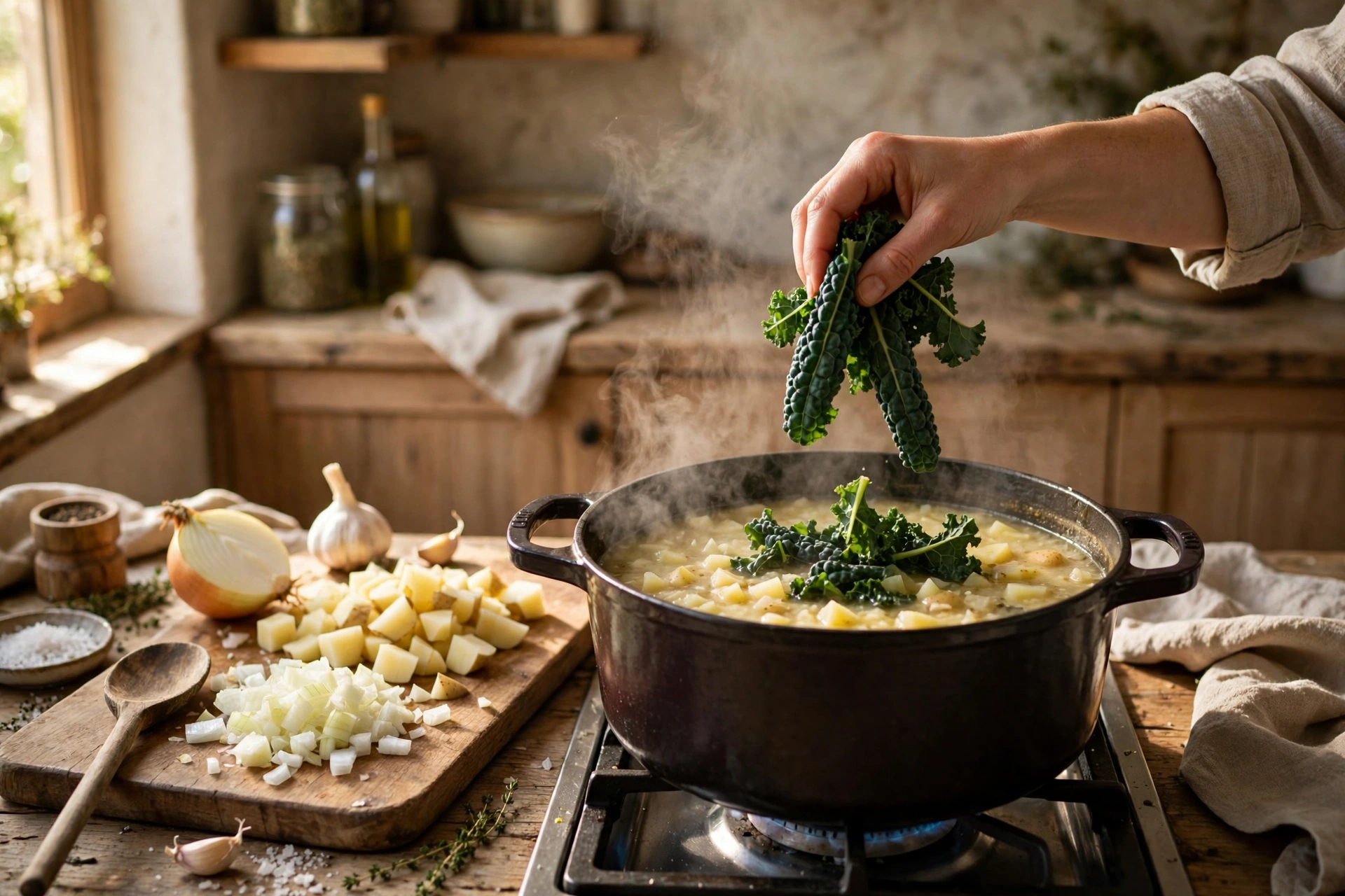 Schwarzkohl Rezept Suppe – frischer Schwarzkohl wird in den dampfenden Kartoffeltopf gegeben