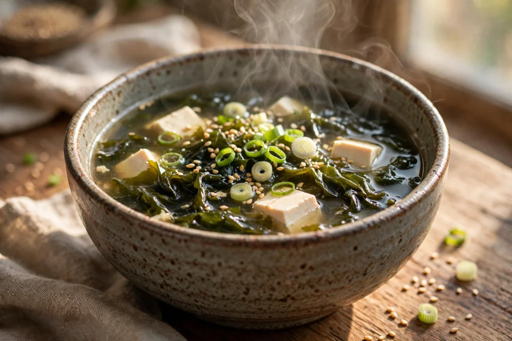 Seetang Suppe Rezept – dampfende Schüssel Seetangsuppe mit Wakame, Tofu, Frühlingszwiebeln und Sesam
