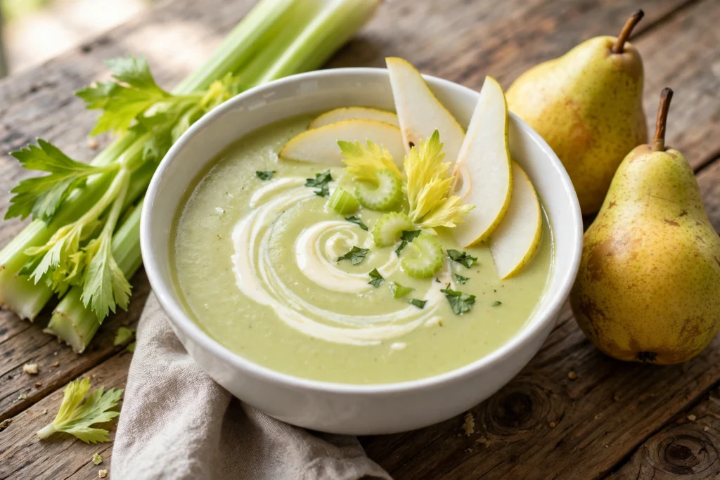 Rezept Sellerie Birnen Suppe – cremige Suppe in weißer Schale mit Sahneswirl, Birnenscheiben und Sellerieblättern